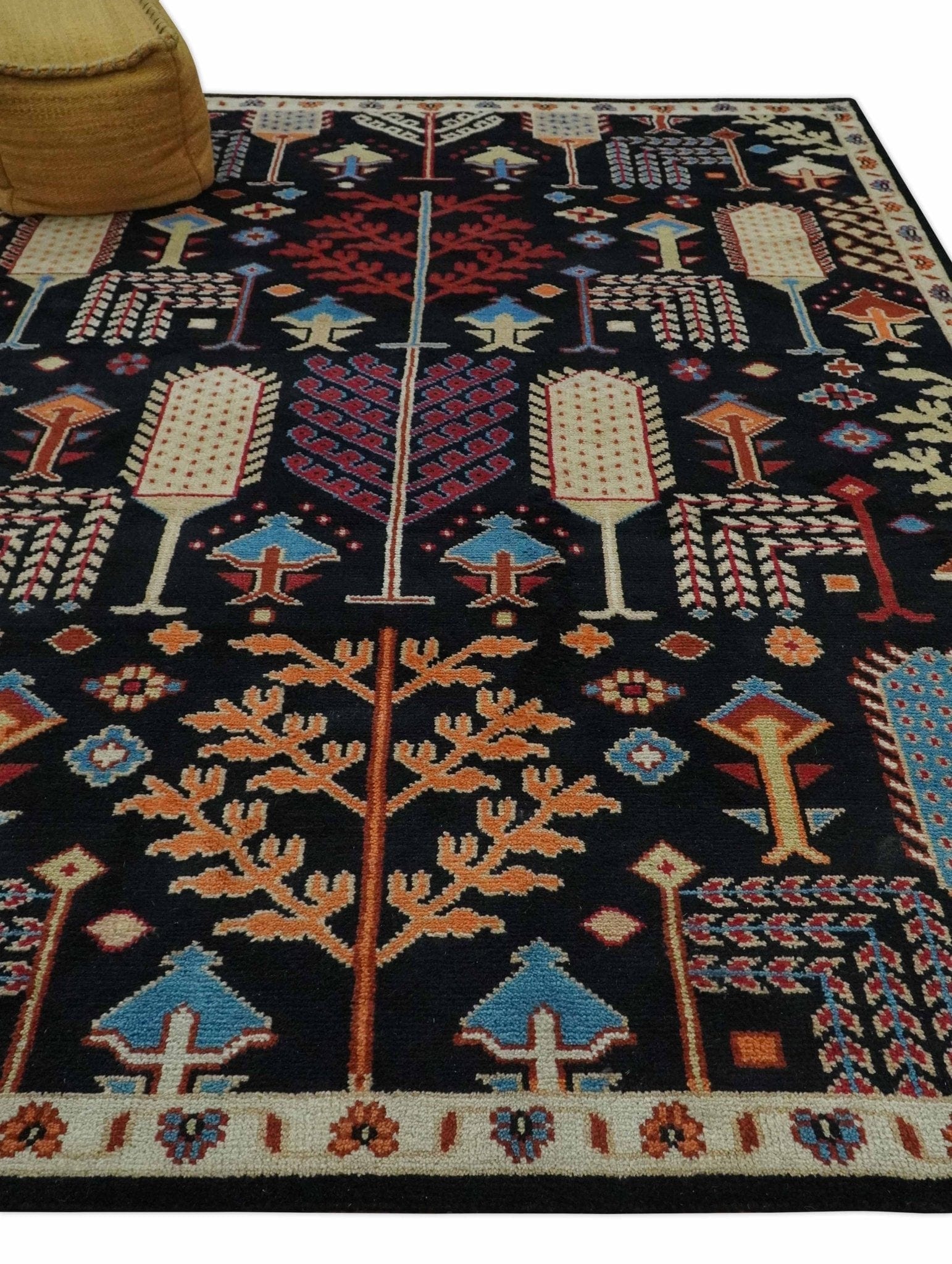 The Rug Decor Area Rug Tree of life Vibrant colorful Black, Beige, Peach and Blue Hand Knotted Traditional Oushak Custom Made wool area Rug Tree of life Vibrant colorful Black, Beige, Peach and Blue Hand Knotted Traditional Oushak Custom Made wool area Rug