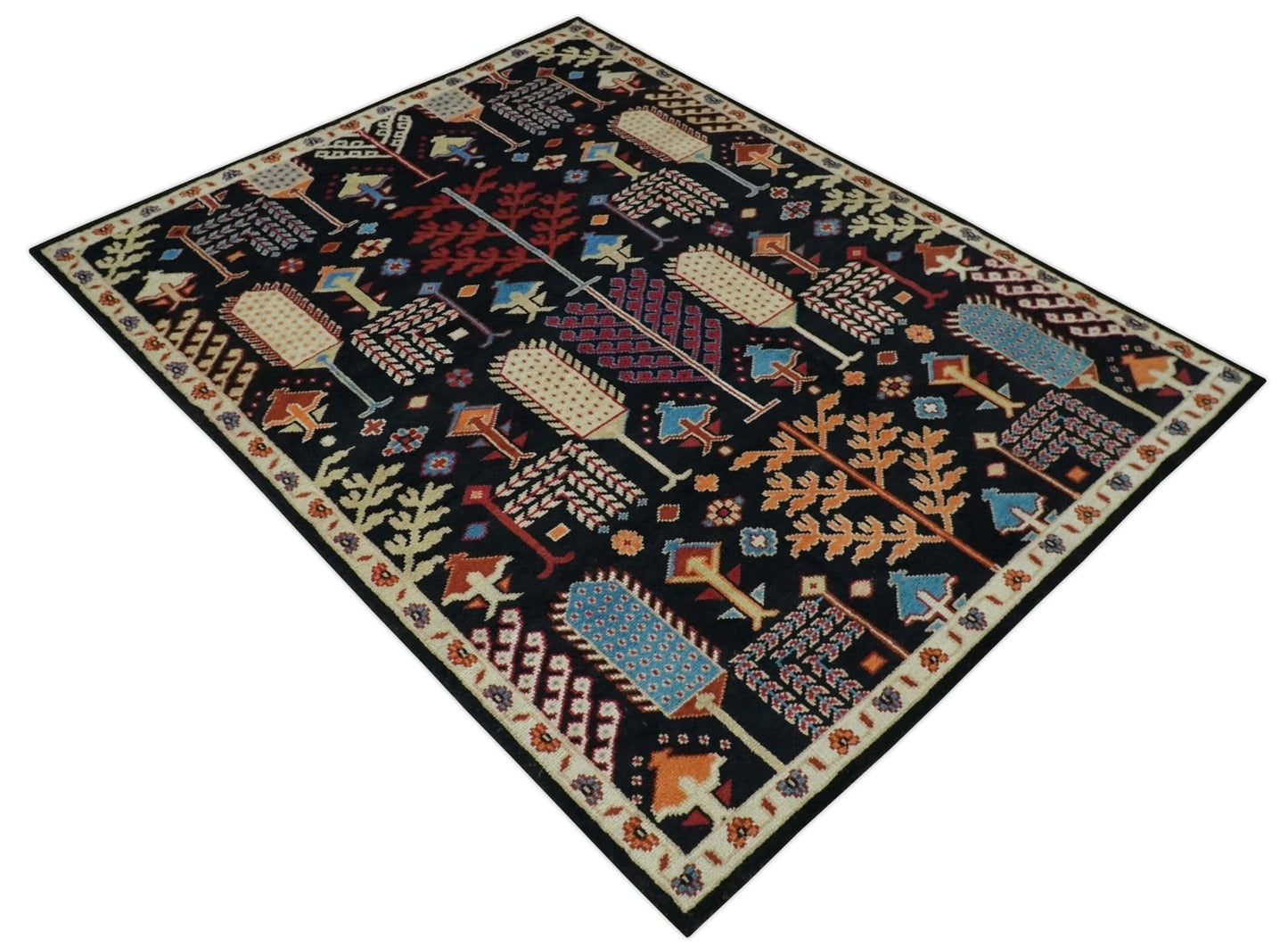 The Rug Decor Area Rug Tree of life Vibrant colorful Black, Beige, Peach and Blue Hand Knotted Traditional Oushak Custom Made wool area Rug Tree of life Vibrant colorful Black, Beige, Peach and Blue Hand Knotted Traditional Oushak Custom Made wool area Rug