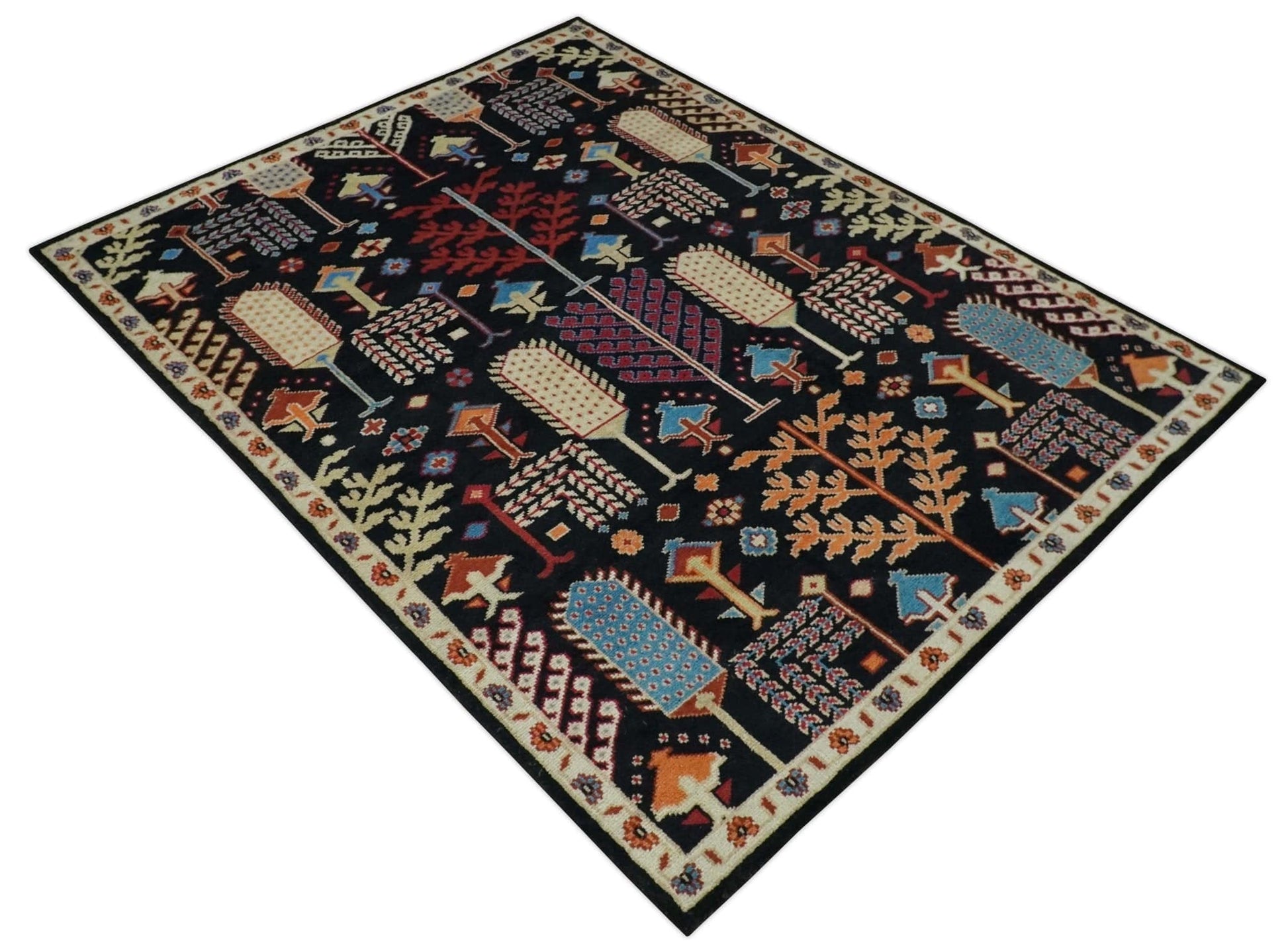 The Rug Decor Area Rug Tree of life Vibrant colorful Black, Beige, Peach and Blue Hand Knotted Traditional Oushak Custom Made wool area Rug Tree of life Vibrant colorful Black, Beige, Peach and Blue Hand Knotted Traditional Oushak Custom Made wool area Rug