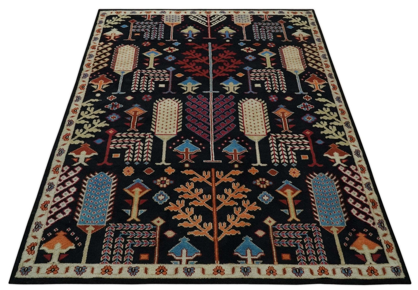 The Rug Decor Area Rug Tree of life Vibrant colorful Black, Beige, Peach and Blue Hand Knotted Traditional Oushak Custom Made wool area Rug Tree of life Vibrant colorful Black, Beige, Peach and Blue Hand Knotted Traditional Oushak Custom Made wool area Rug