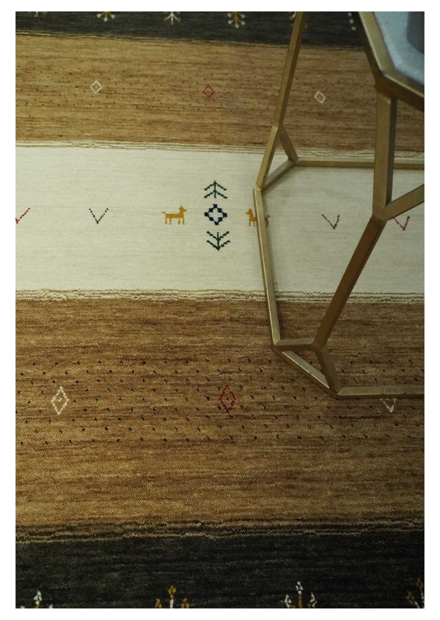 The Rug Decor Area Rug Tribal Gabbeh Gold, Ivory, Blue and Charcoal Stripes design Custom Made Wool Rug Tribal Gabbeh Gold, Ivory, Blue and Charcoal Stripes design Custom Made Wool Rug