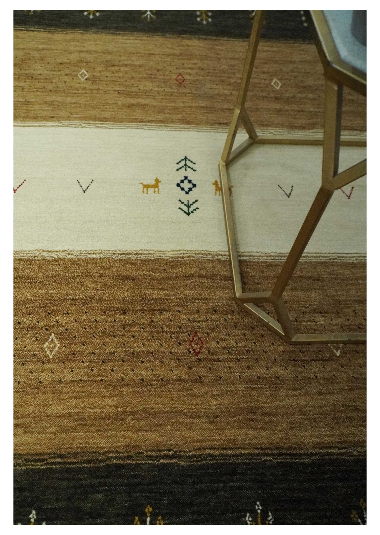 The Rug Decor Area Rug Tribal Gabbeh Gold, Ivory, Blue and Charcoal Stripes design Custom Made Wool Rug Tribal Gabbeh Gold, Ivory, Blue and Charcoal Stripes design Custom Made Wool Rug