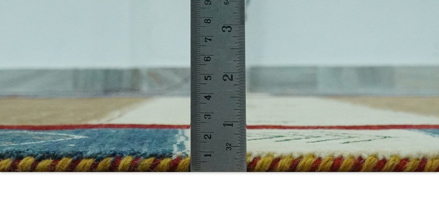 The Rug Decor Area Rug Tribal Gabbeh Gold, Ivory, Blue and Charcoal Stripes design Custom Made Wool Rug Tribal Gabbeh Gold, Ivory, Blue and Charcoal Stripes design Custom Made Wool Rug