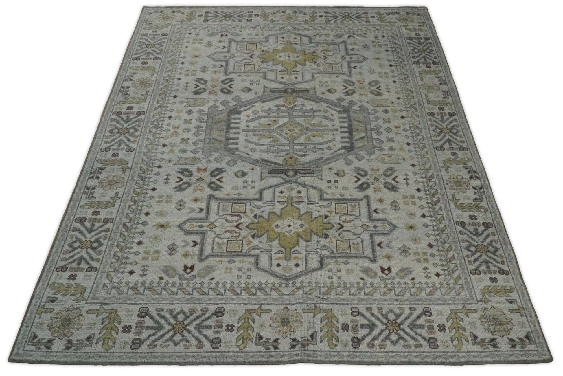 The Rug Decor Area Rug Vintage Distressed Turkish Hand Knotted Serapi Silver, Gray and Olive Traditional Custom Made wool Area Rug Vintage Distressed Turkish Hand Knotted Serapi Silver, Gray and Olive Traditional Custom Made wool Area Rug