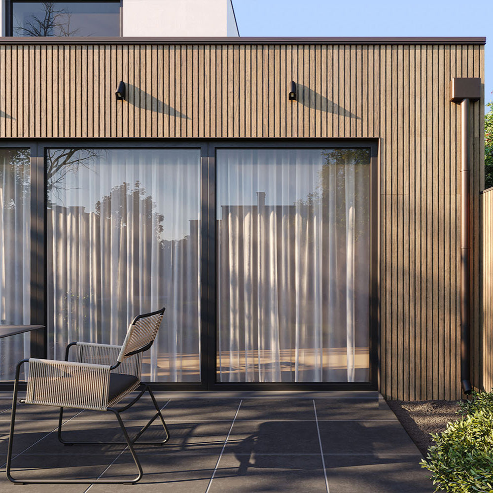 Exterior Wood-Look Composite Slat Panels.