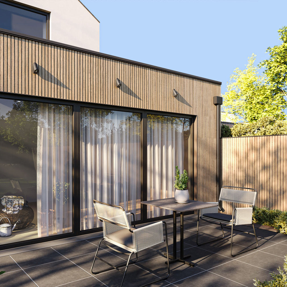 Exterior Wood-Look Composite Slat Panels.