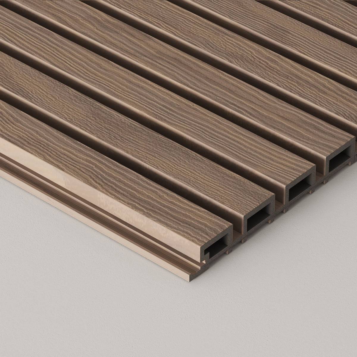 Exterior Wood-Look Composite Slat Panels.