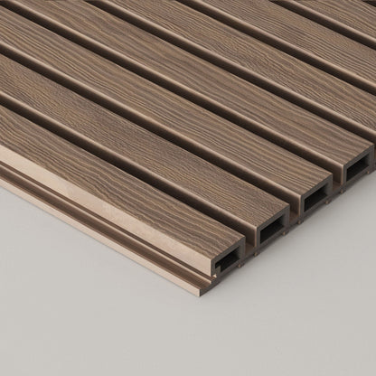Exterior Wood-Look Composite Slat Panels.
