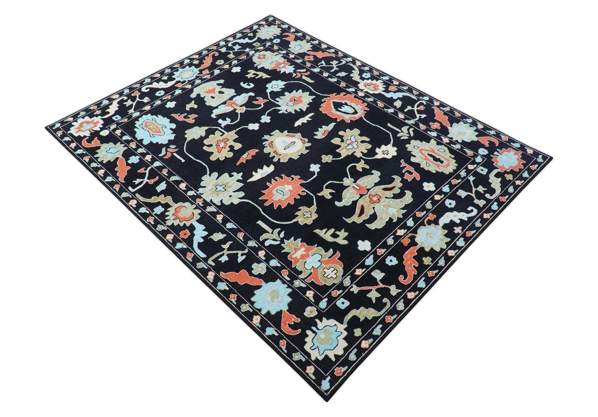 Azure Custom Made Traditional Oushak Black Hand Tufted Wool Rug.