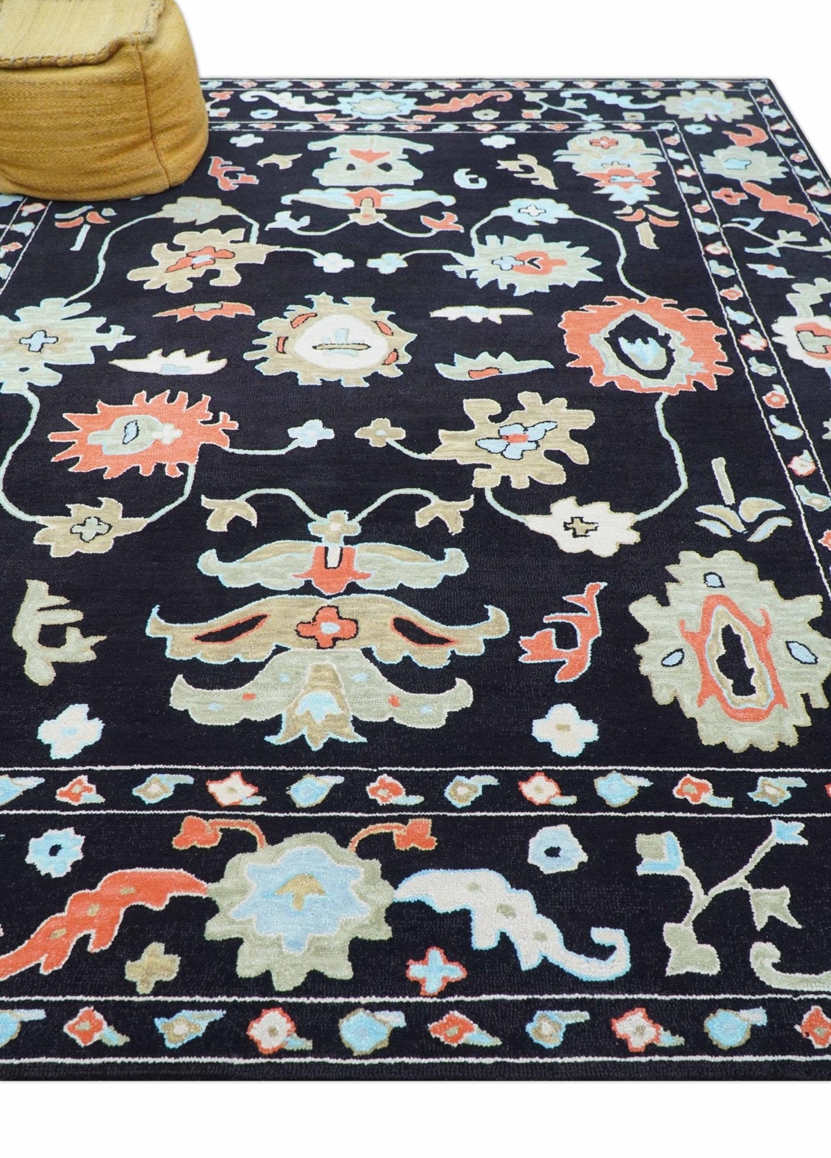 Azure Custom Made Traditional Oushak Black Hand Tufted Wool Rug.