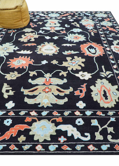 Azure Custom Made Traditional Oushak Black Hand Tufted Wool Rug.