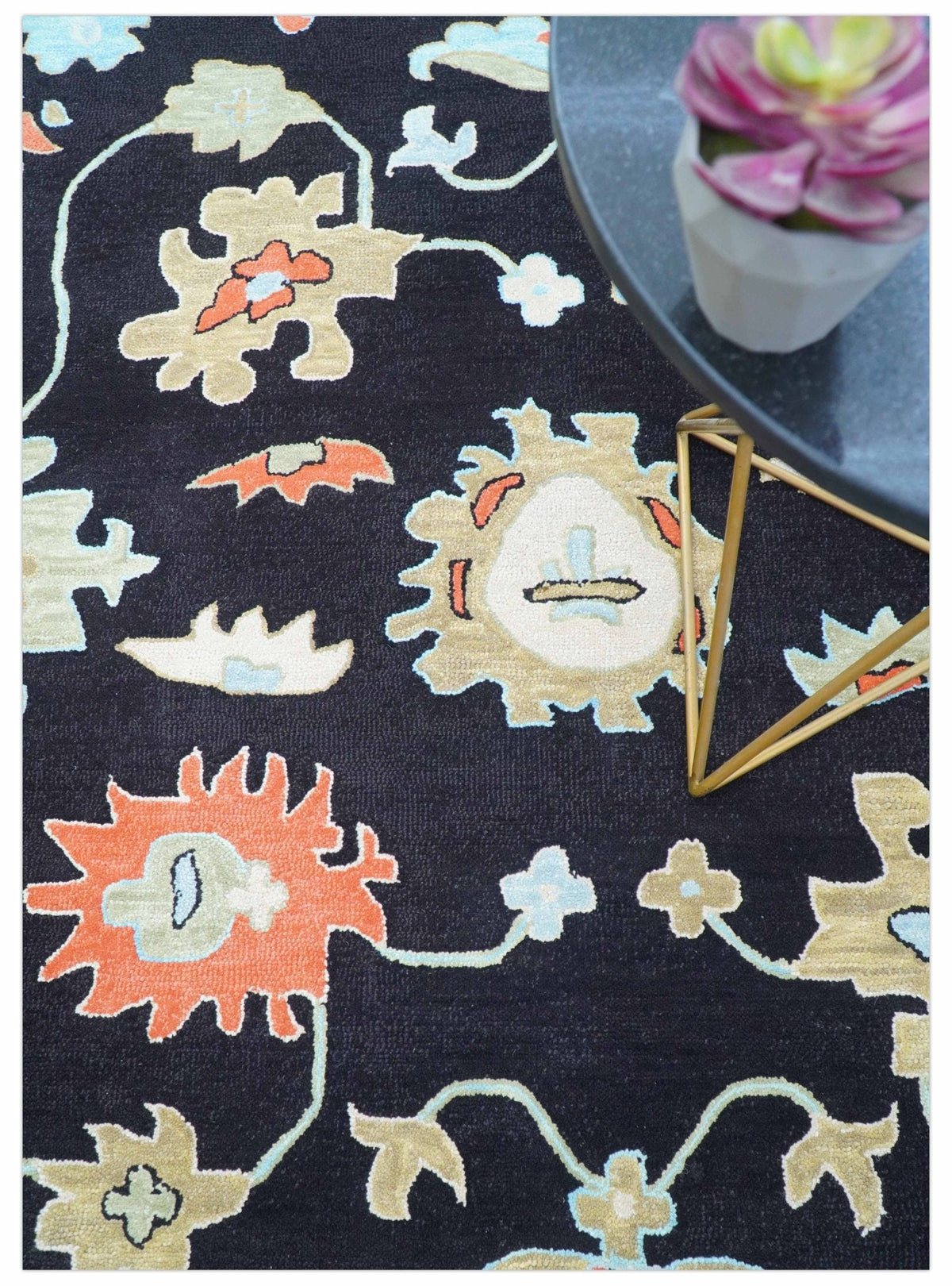 Azure Custom Made Traditional Oushak Black Hand Tufted Wool Rug.