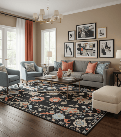 Azure Custom Made Traditional Oushak Black Hand Tufted Wool Rug.