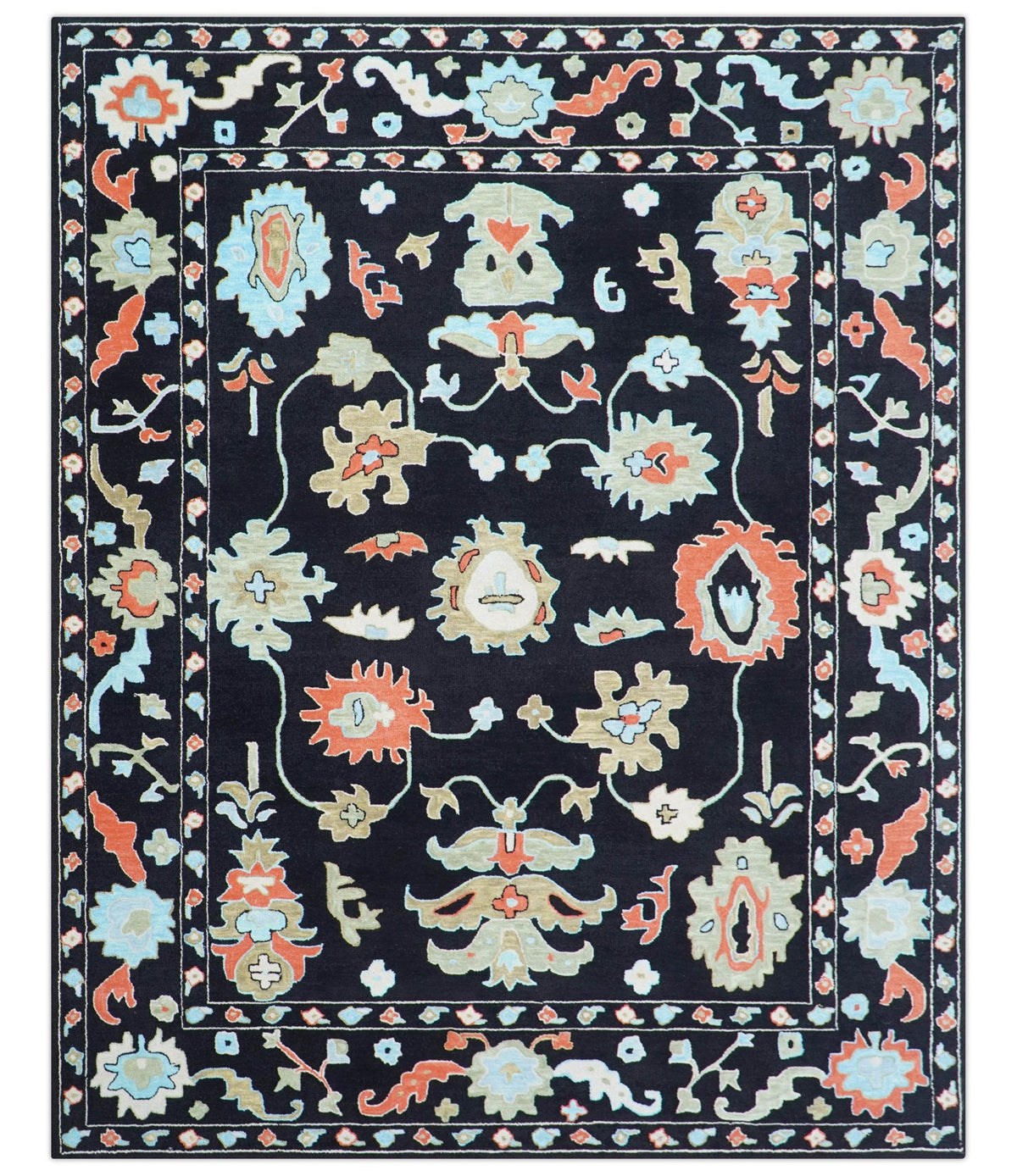 Azure Custom Made Traditional Oushak Black Hand Tufted Wool Rug.