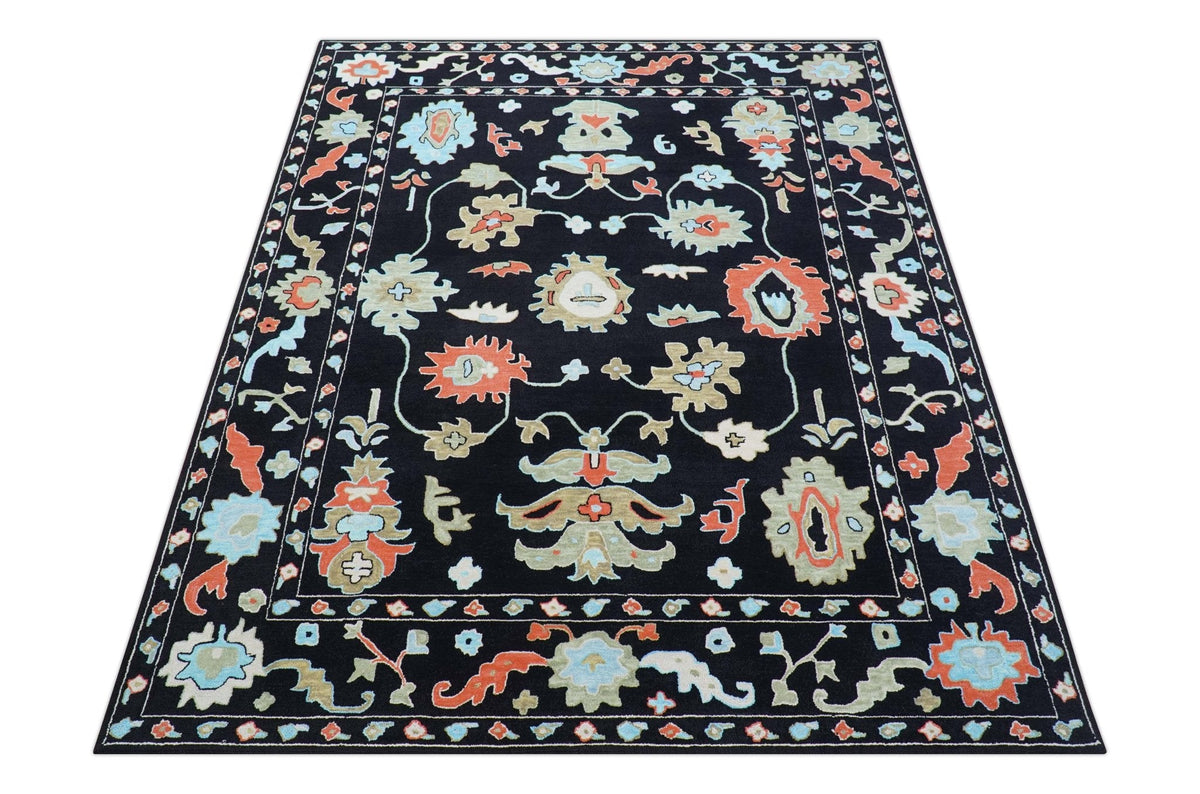 Azure Custom Made Traditional Oushak Black Hand Tufted Wool Rug.