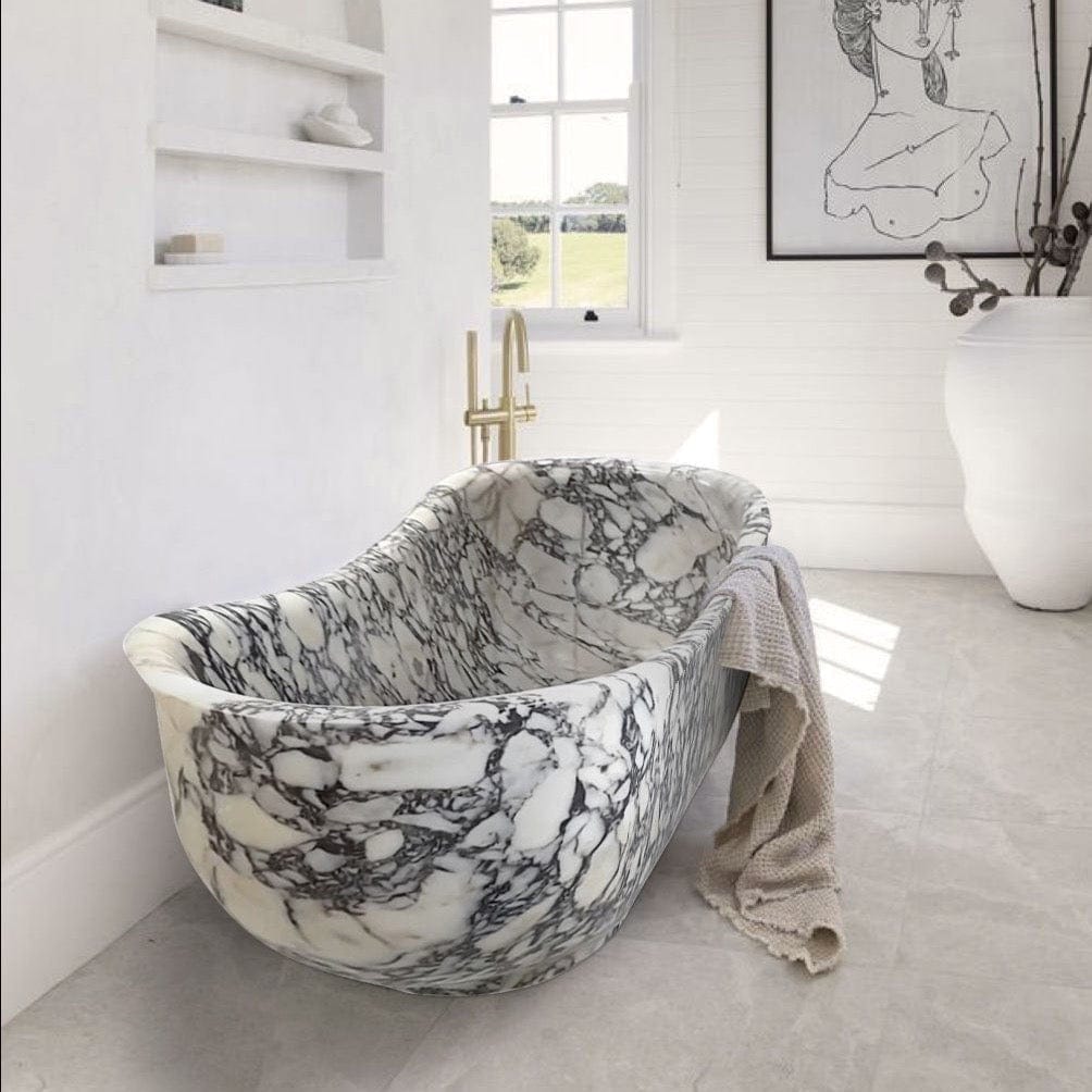 Villohome | Online Flooring Shop Bathtubs Marble / (W)34" (L)70" (H)26" / Polished Calacatta Viola Bathtub Hand-carved from Solid Marble Block (W)34" (L)70" (H)26" Calacatta Viola Bathtub Hand-carved from Solid Marble Block (W)34" (L)70" (H)26"