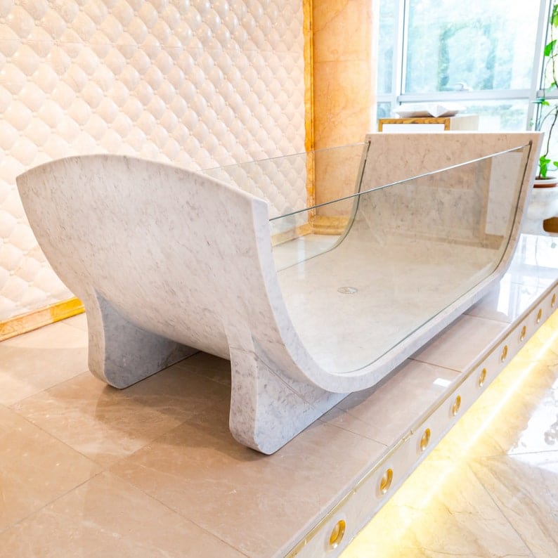 Villohome | Online Flooring Shop Bathtubs Marble/Glass / (W)32" (L)79" (H)24" / Polished Carrara White Marble Bathtub Strong Tempered Glass Side Walls Polished (W)32" (L)79" (H)24" Carrara White Marble Bathtub Strong Tempered Glass Side Walls Polished (W)32" (L)79" (H)24"