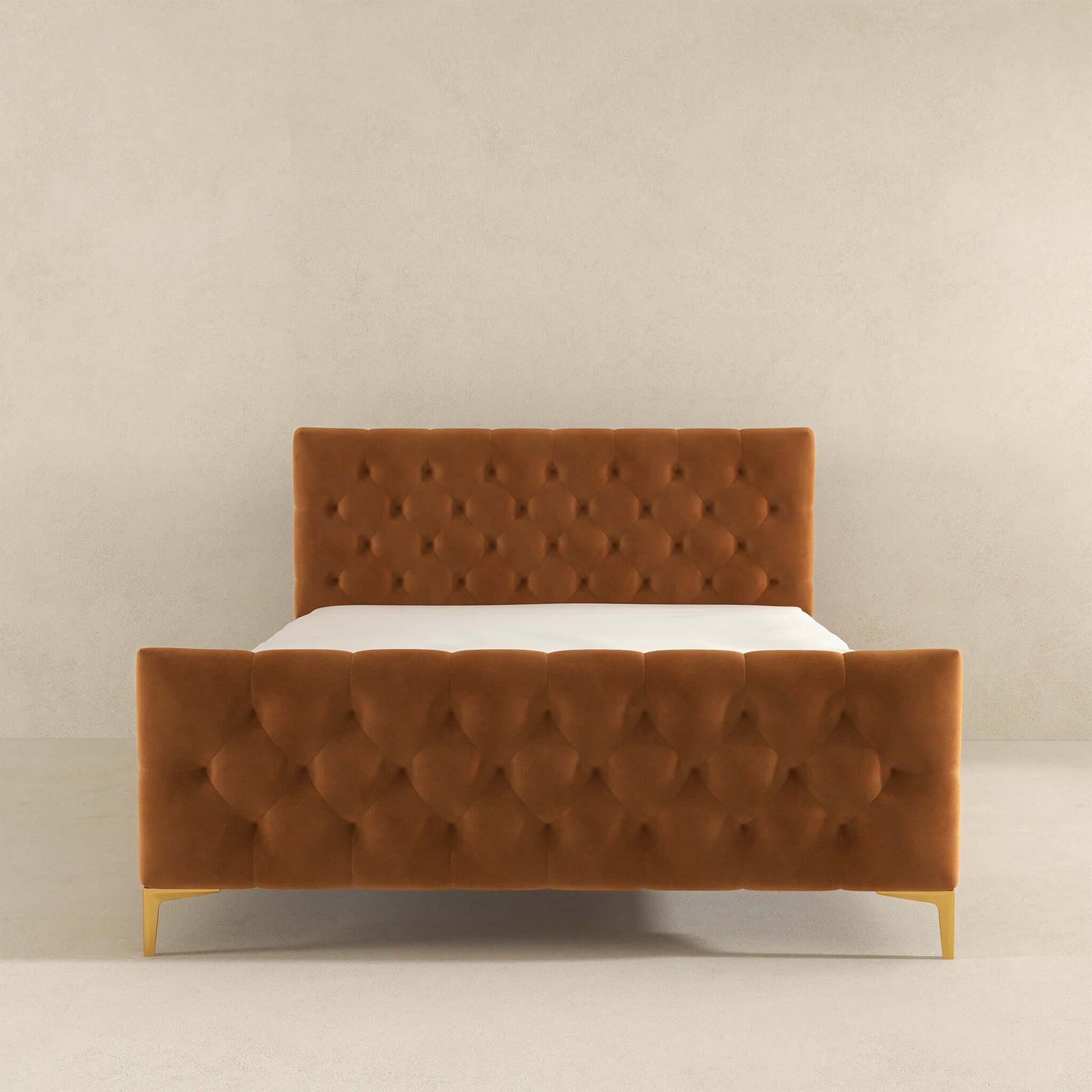 Ashcroft Furniture Co Bed Bailey  Mid Century Modern Queen// King Cognac Velvet Upholstered Platform Bed