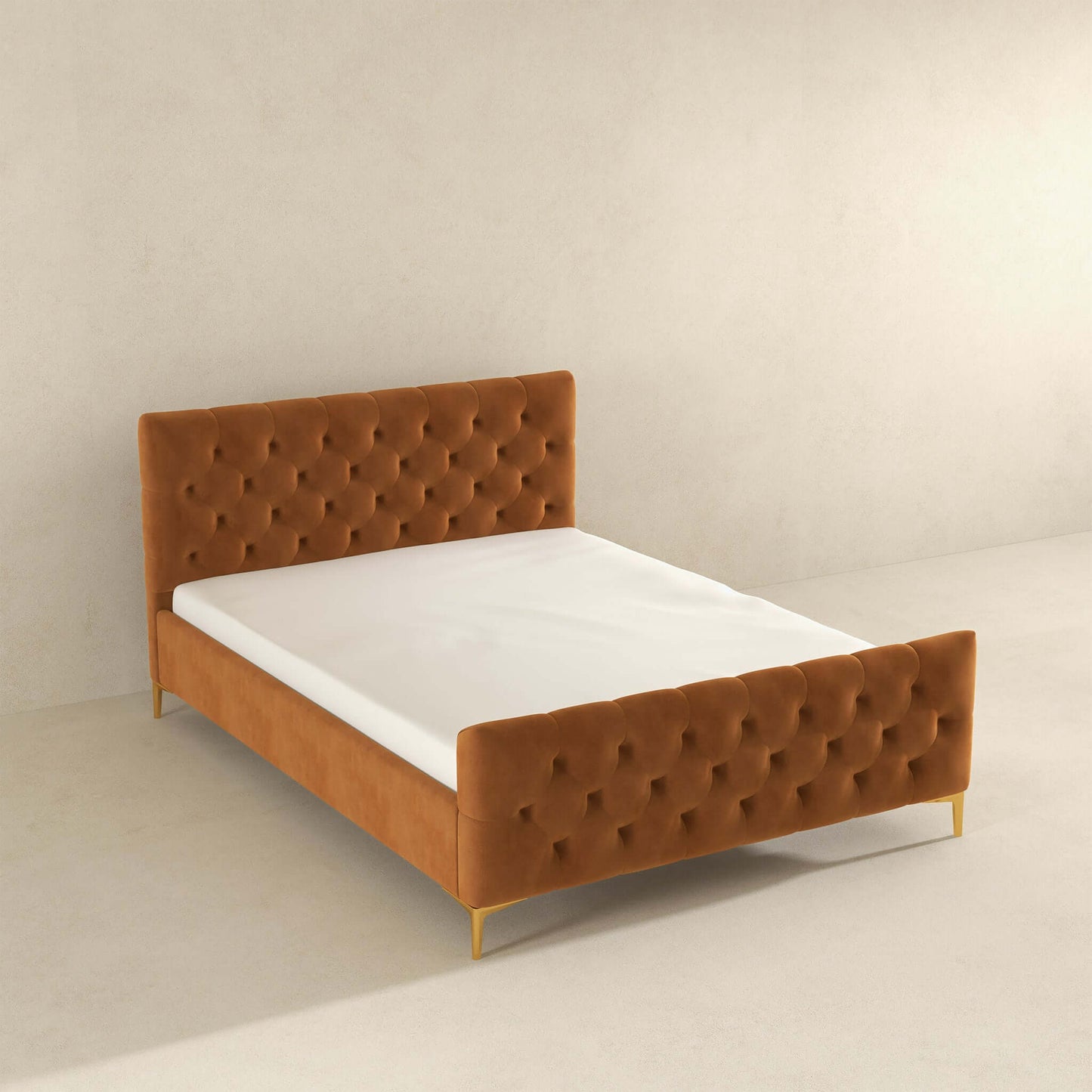 Ashcroft Furniture Co Bed Bailey  Mid Century Modern Queen// King Cognac Velvet Upholstered Platform Bed