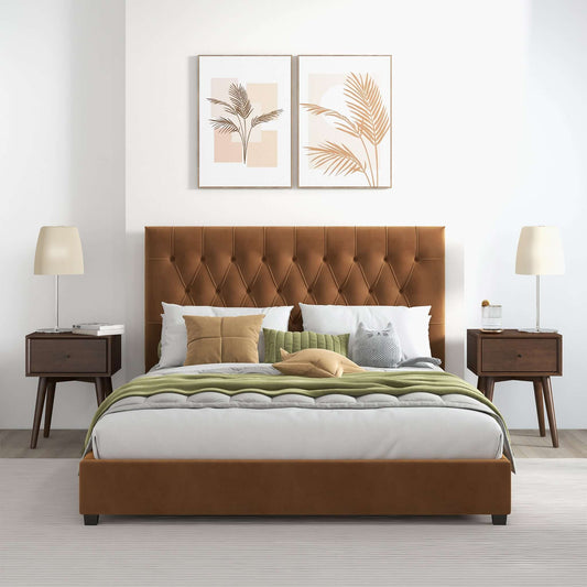 Ashcroft Furniture Co Bed Donald Mid Century Modern Cognac  Velvet Platform Bed