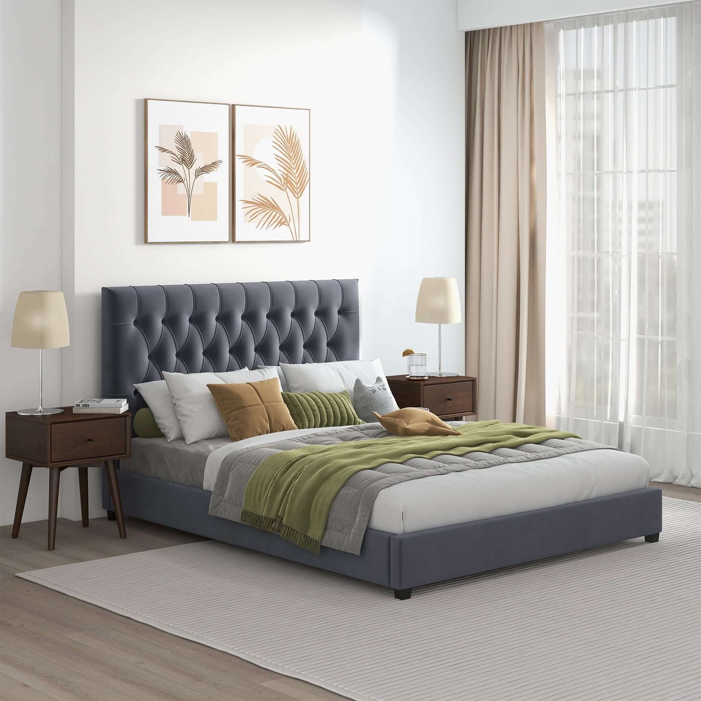 Ashcroft Furniture Co Bed Donald Mid Century Modern Grey Velvet Platform Bed
