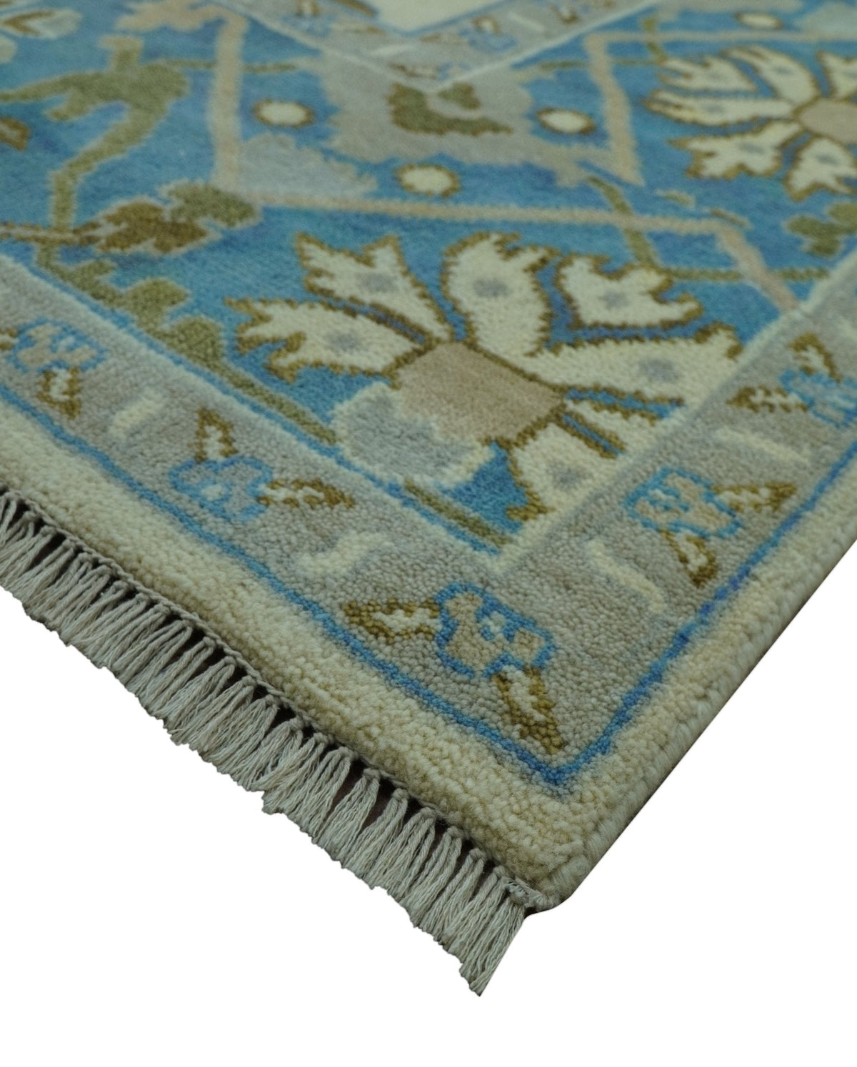 Beige and Blue Hand Knotted Oushak Custom Made wool Rug.