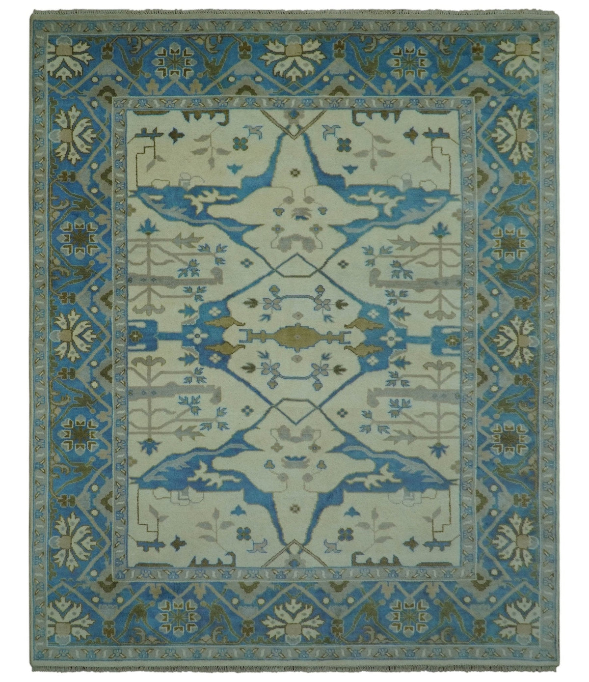 Beige and Blue Hand Knotted Oushak Custom Made wool Rug.