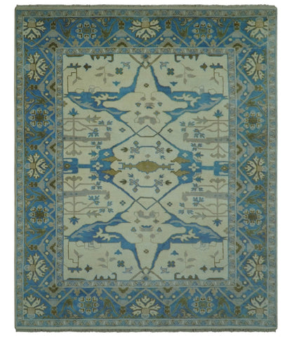 Beige and Blue Hand Knotted Oushak Custom Made wool Rug.