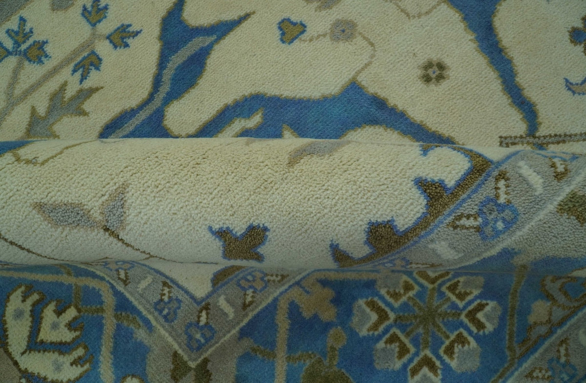 Beige and Blue Hand Knotted Oushak Custom Made wool Rug.
