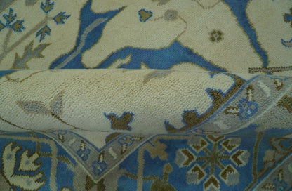 Beige and Blue Hand Knotted Oushak Custom Made wool Rug.