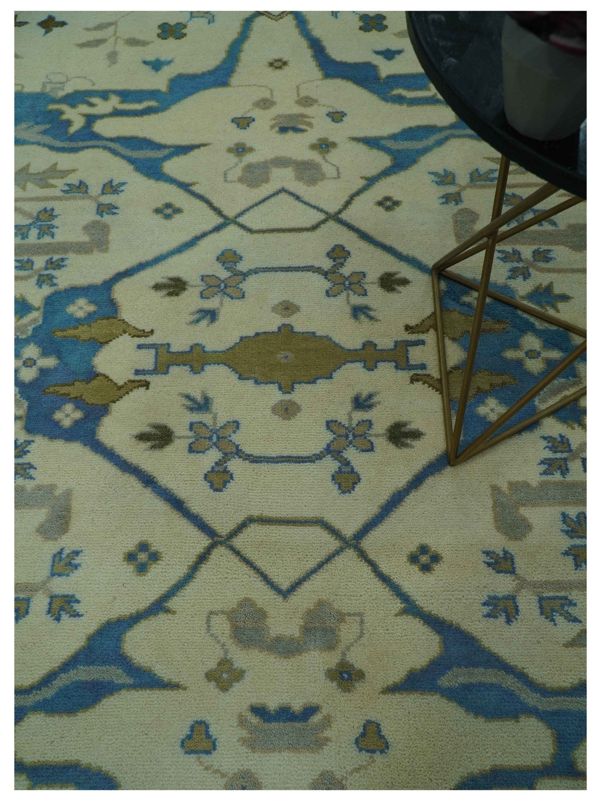 Beige and Blue Hand Knotted Oushak Custom Made wool Rug.