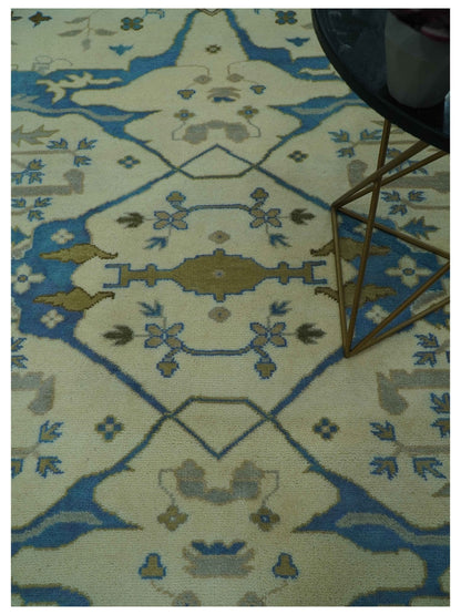 Beige and Blue Hand Knotted Oushak Custom Made wool Rug.