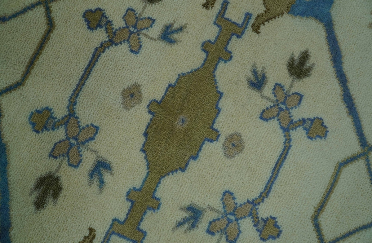 Beige and Blue Hand Knotted Oushak Custom Made wool Rug.