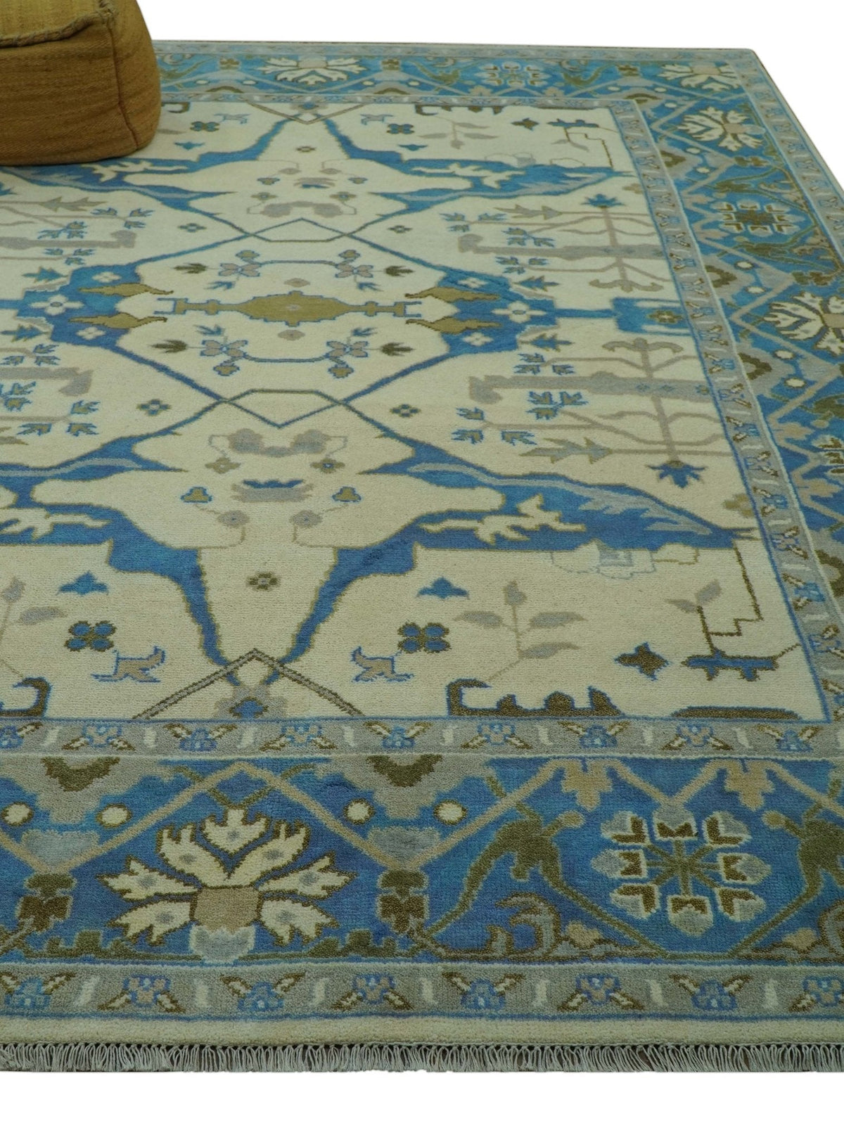 Beige and Blue Hand Knotted Oushak Custom Made wool Rug.