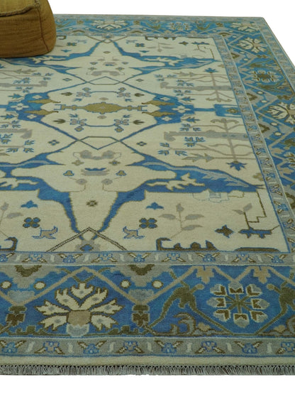 Beige and Blue Hand Knotted Oushak Custom Made wool Rug.