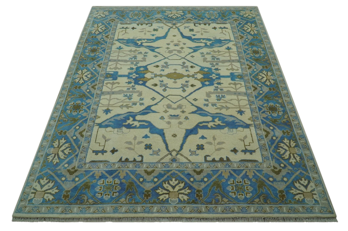 Beige and Blue Hand Knotted Oushak Custom Made wool Rug.
