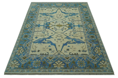 Beige and Blue Hand Knotted Oushak Custom Made wool Rug.