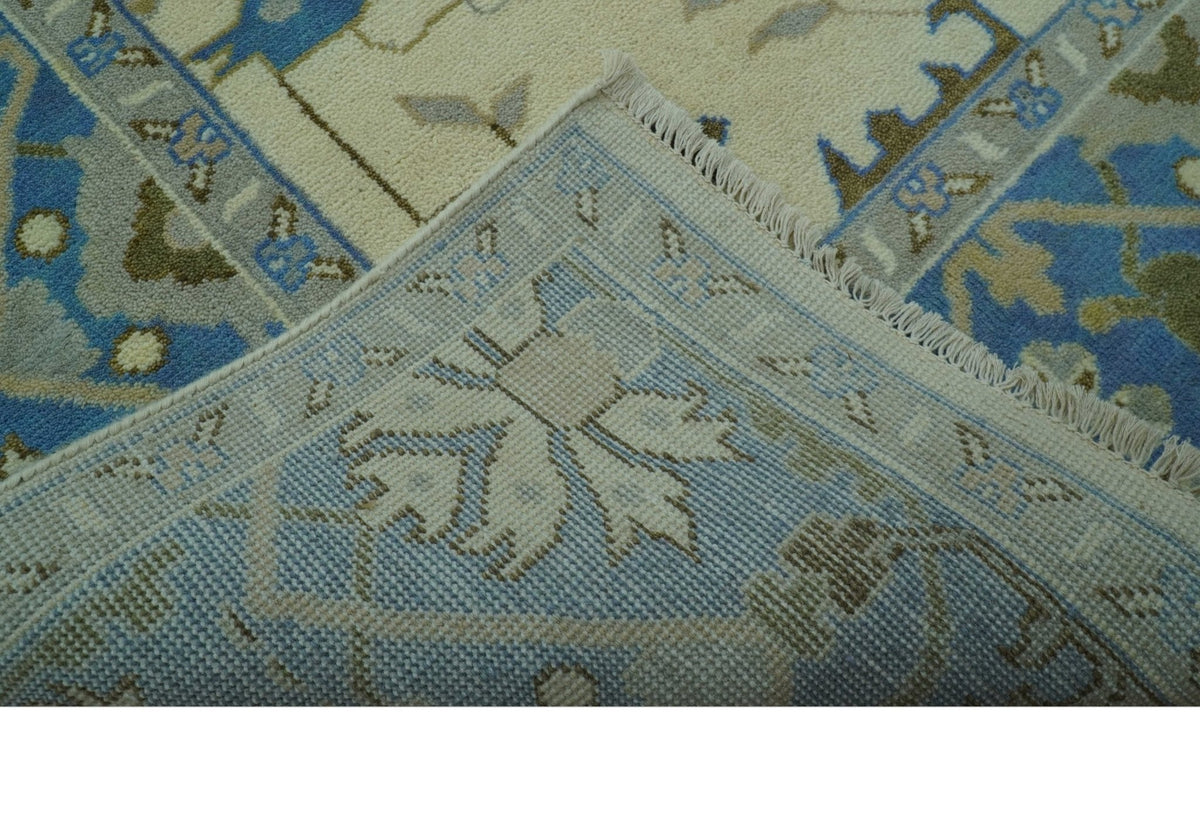 Beige and Blue Hand Knotted Oushak Custom Made wool Rug.