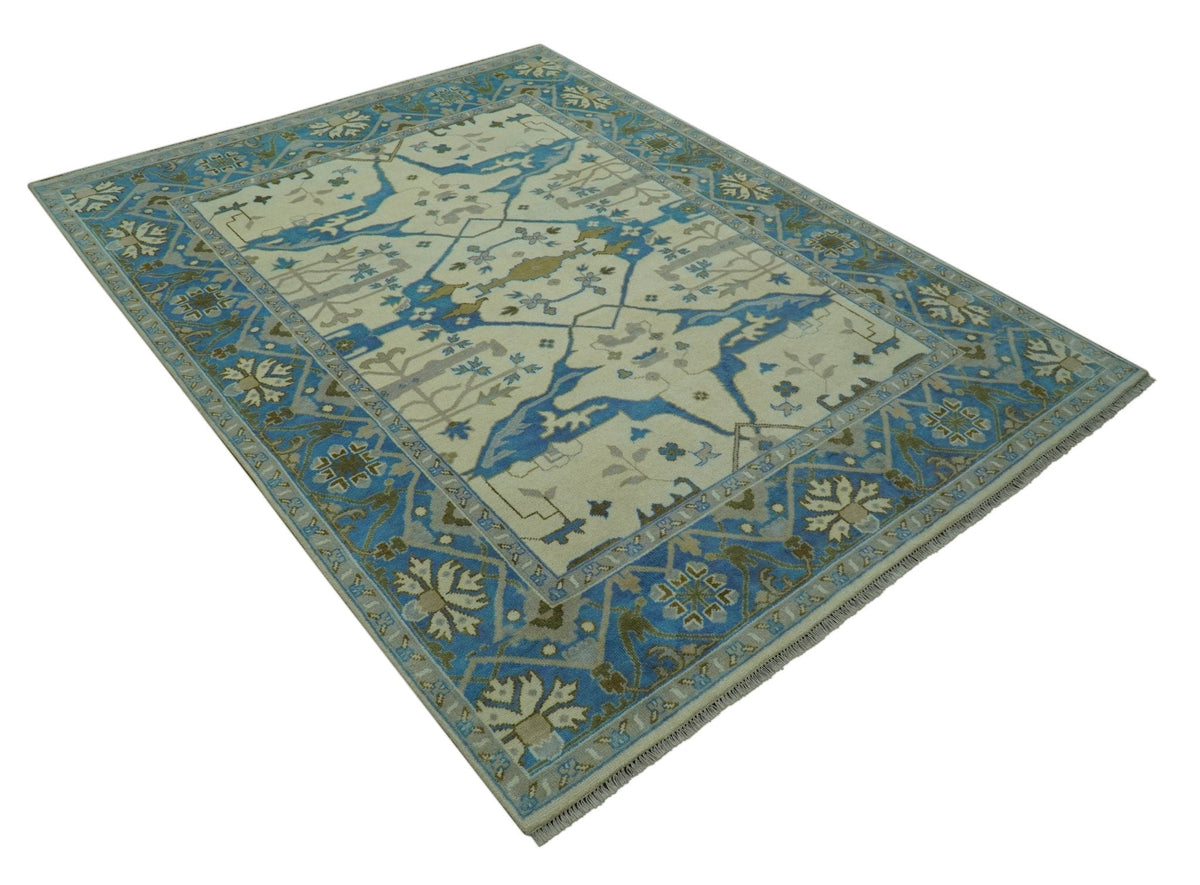 Beige and Blue Hand Knotted Oushak Custom Made wool Rug.