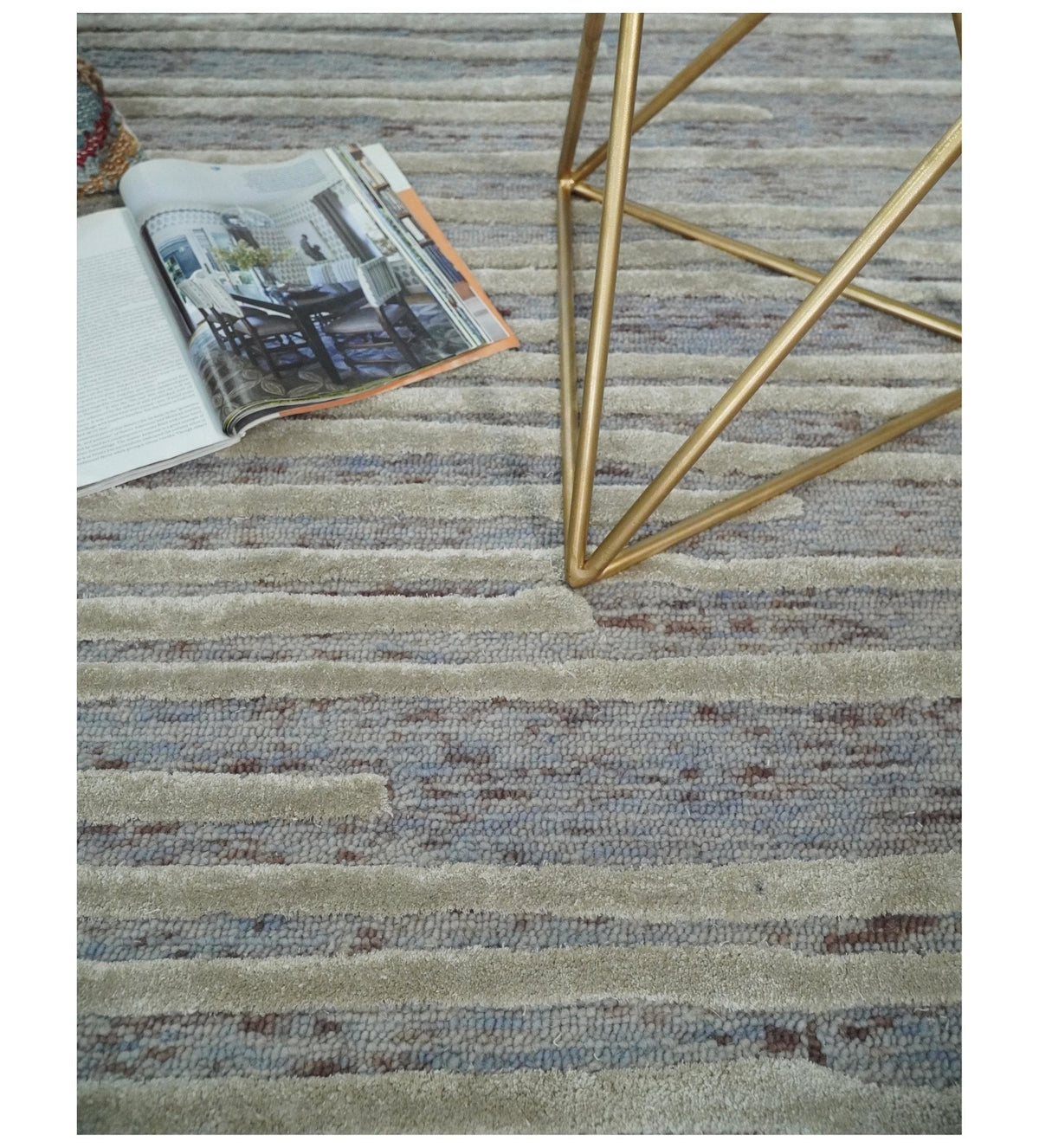 Modern Stripe Pattern Beige and Gray Hand Tufted Wool and Silk Area Rug.