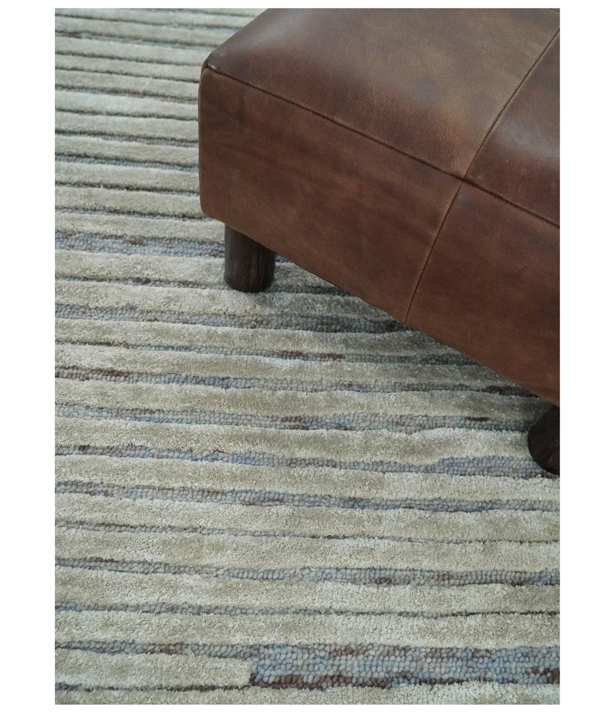 Modern Stripe Pattern Beige and Gray Hand Tufted Wool and Silk Area Rug.