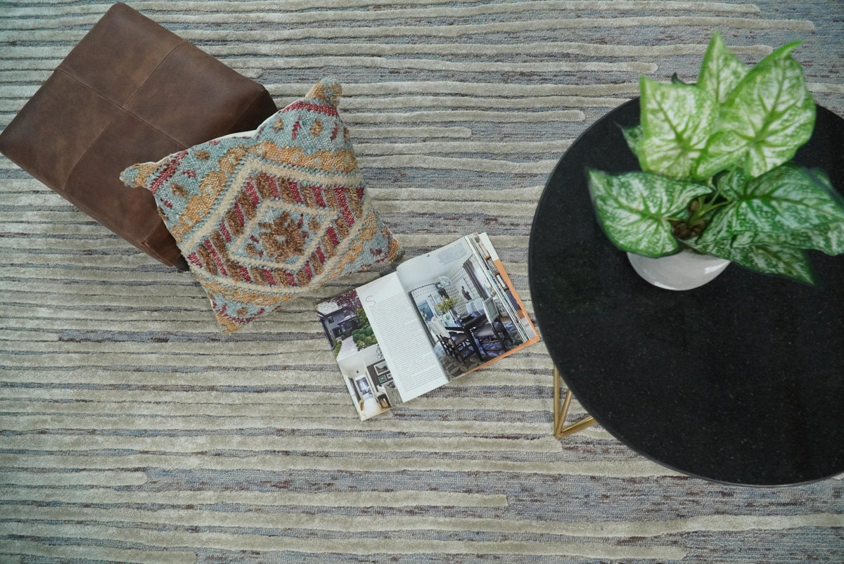 Modern Stripe Pattern Beige and Gray Hand Tufted Wool and Silk Area Rug.