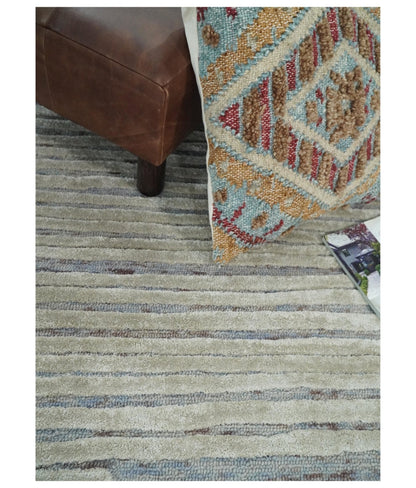 Modern Stripe Pattern Beige and Gray Hand Tufted Wool and Silk Area Rug.