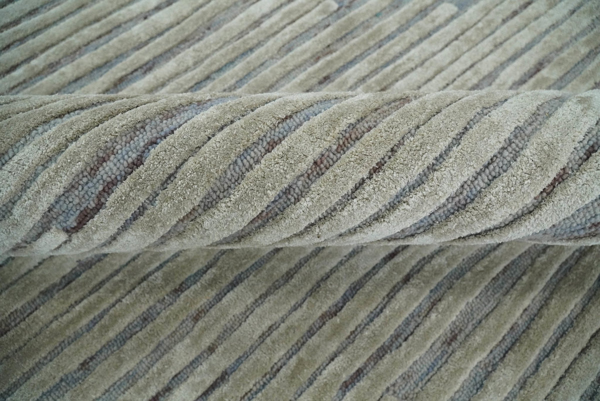 Modern Stripe Pattern Beige and Gray Hand Tufted Wool and Silk Area Rug.