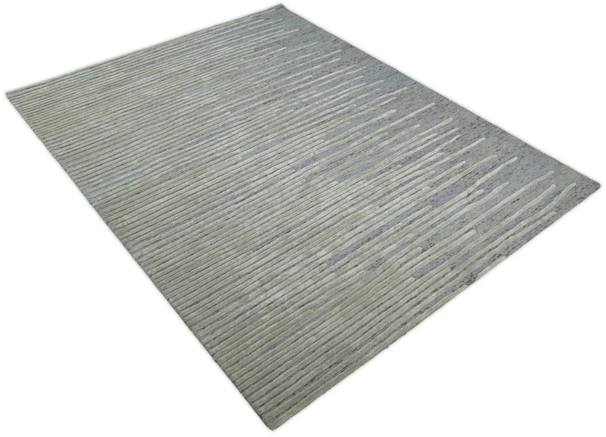 Modern Stripe Pattern Beige and Gray Hand Tufted Wool and Silk Area Rug.