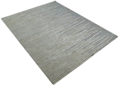 Modern Stripe Pattern Beige and Gray Hand Tufted Wool and Silk Area Rug.