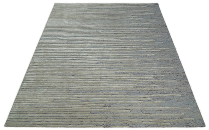 Modern Stripe Pattern Beige and Gray Hand Tufted Wool and Silk Area Rug.
