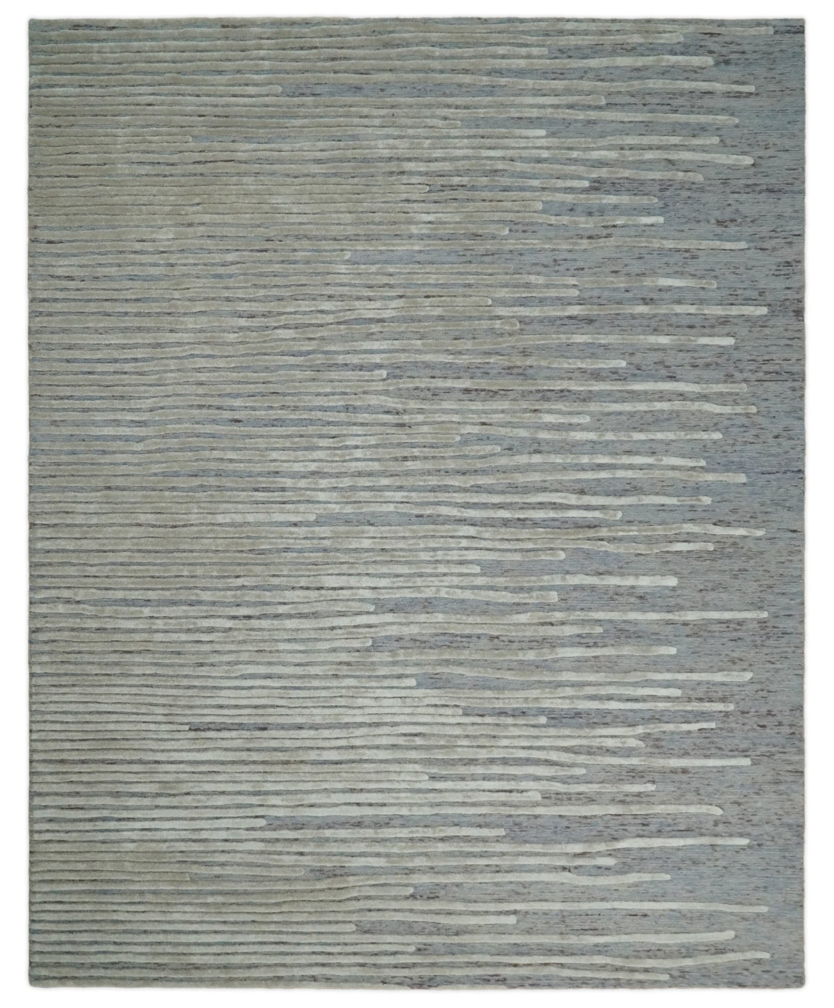 Modern Stripe Pattern Beige and Gray Hand Tufted Wool and Silk Area Rug.