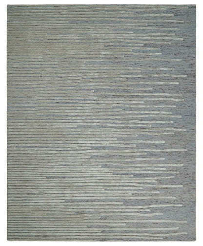 Modern Stripe Pattern Beige and Gray Hand Tufted Wool and Silk Area Rug.