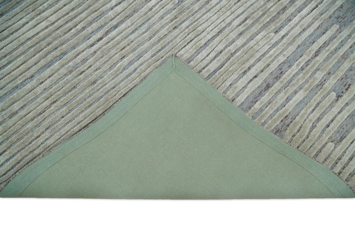 Modern Stripe Pattern Beige and Gray Hand Tufted Wool and Silk Area Rug.
